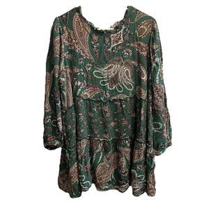 Wonderly Green Floral Women's Paisley Tiered Boho Top Sz 2X Tunic Dress Prairie